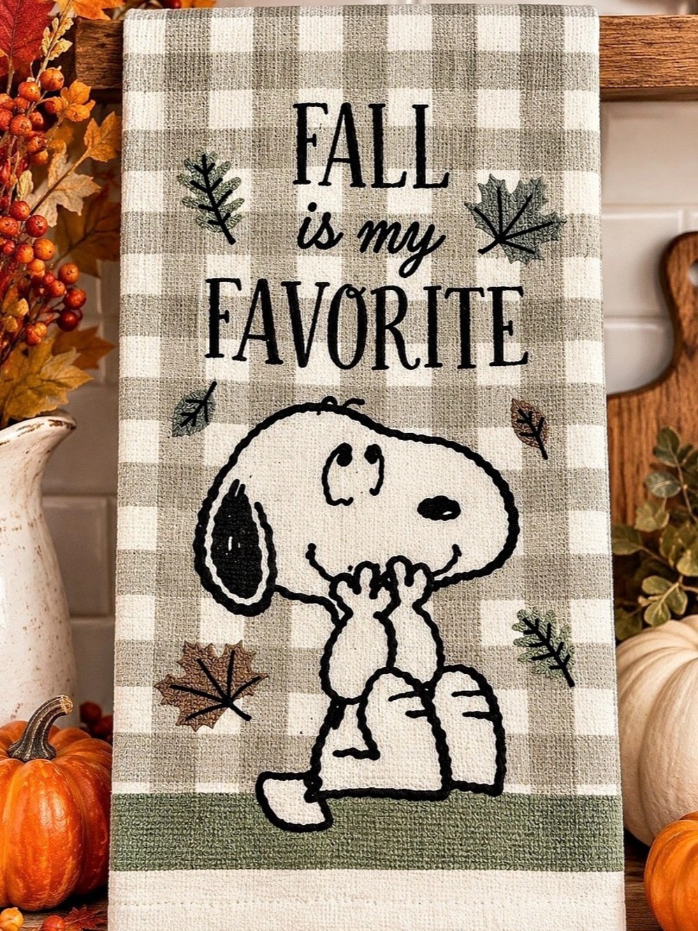 Peanuts Snoopy Fall Is My Favorite Kitchen Towel Gray & Green set of two